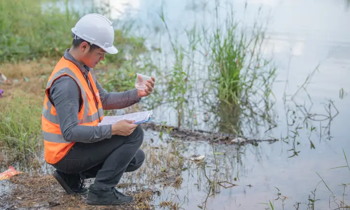Houston-Environmental-Consulting A man performing tests on water in wetlands.