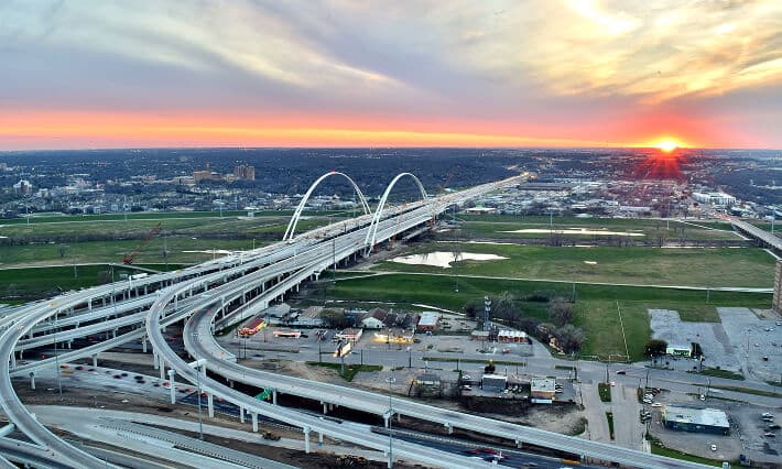 Aerial view of a highway bridge in Dallas, Texas.