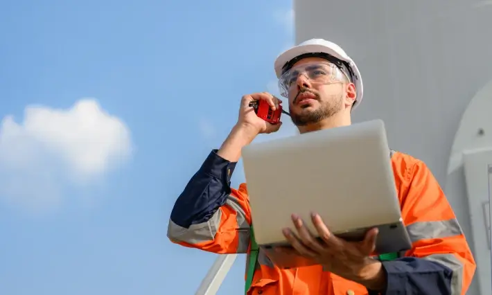 Environmental engineer with laptop and radio conducting field inspection at industrial facility